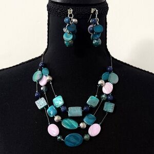 Multistrand Blues & Pink Beaded Necklace and Earrings Set